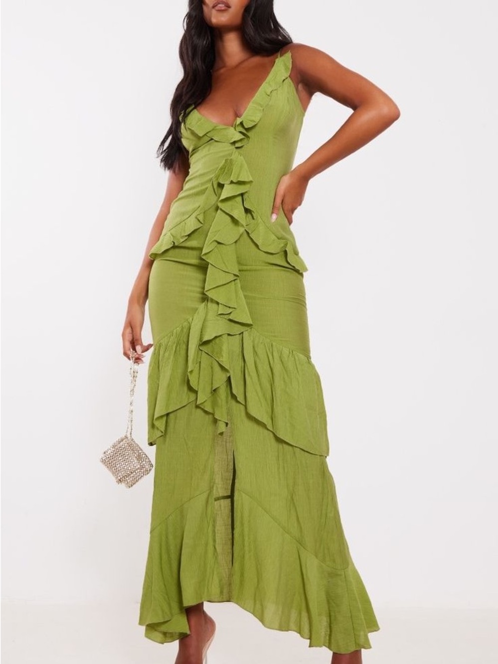 Olive Green Ruffle Maxi Dress with V-Neck